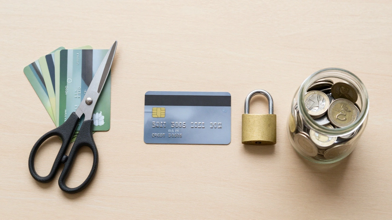 Cut credit cards versus savings jar and padlocked card