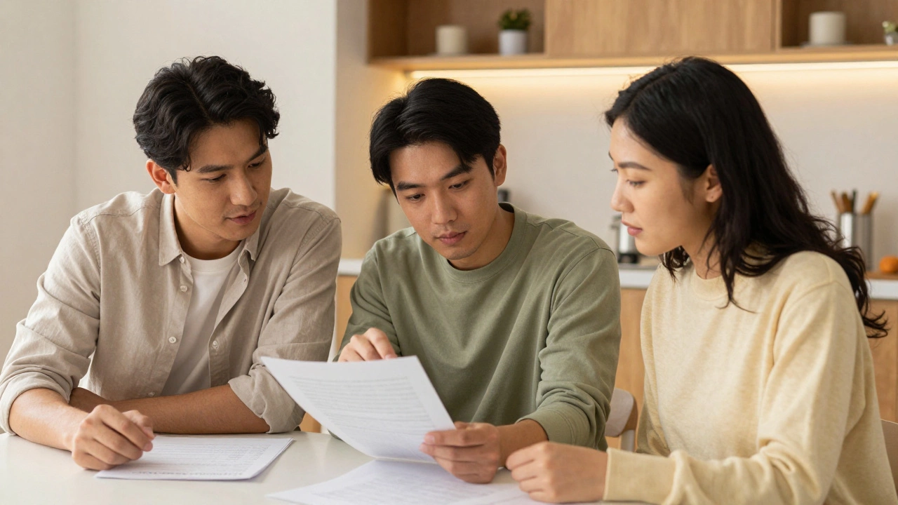 Family members discussing loan options and co-signing at a table