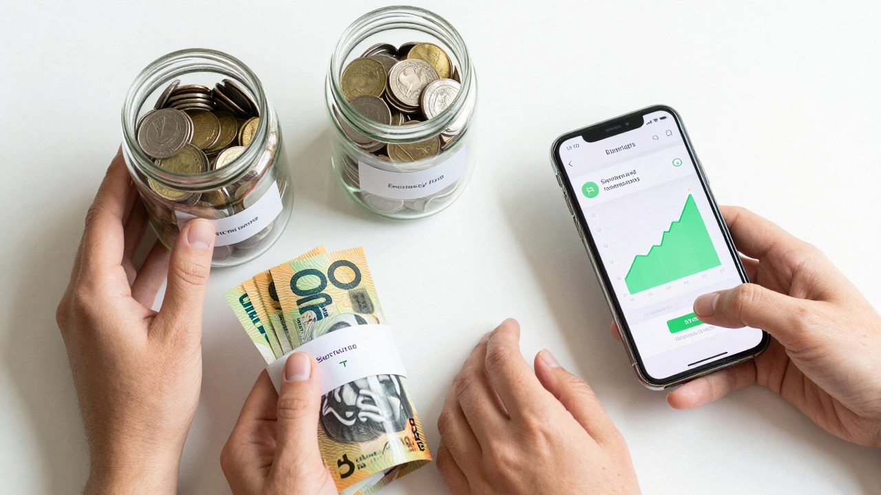 Hands sorting cash into jars next to a phone showing a savings growth chart