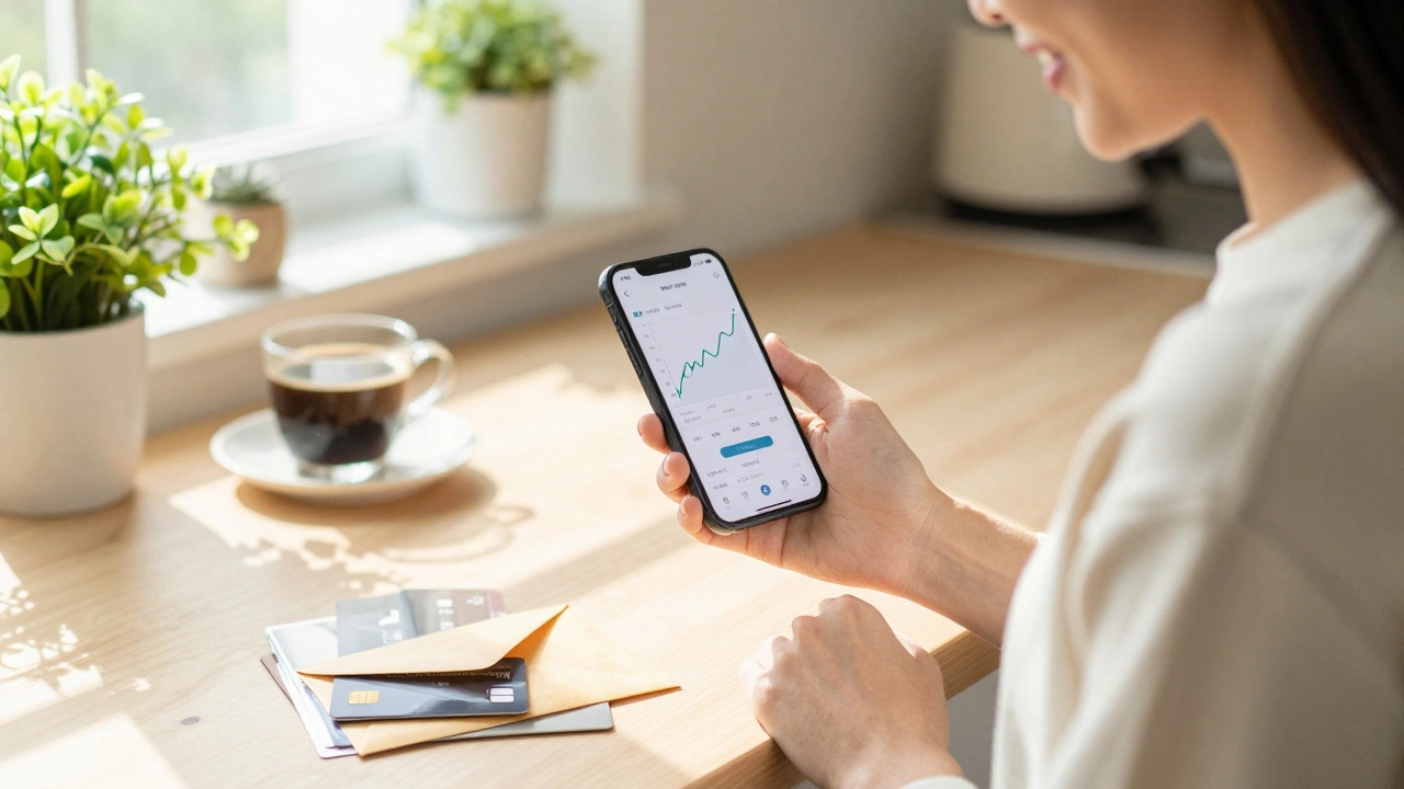 Happy person checking phone with paid-off cards in an envelope nearby