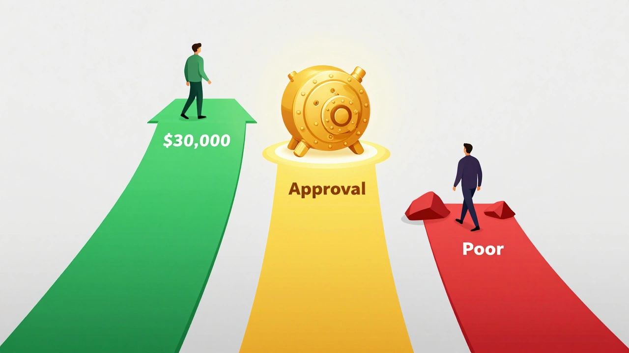 Illustration of three paths representing credit score tiers