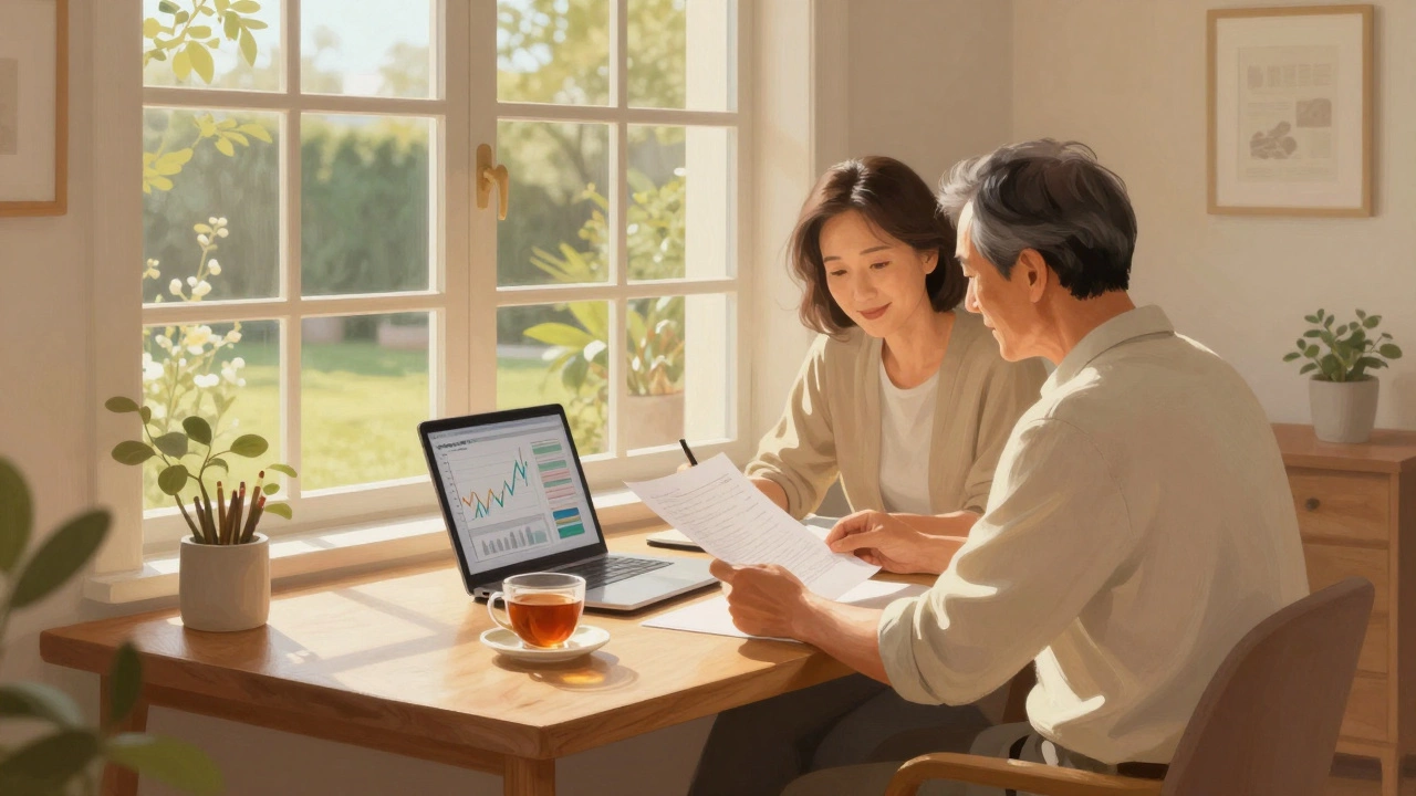 Mature couple relaxing in sunlit home office, reviewing financial plans with confidence.