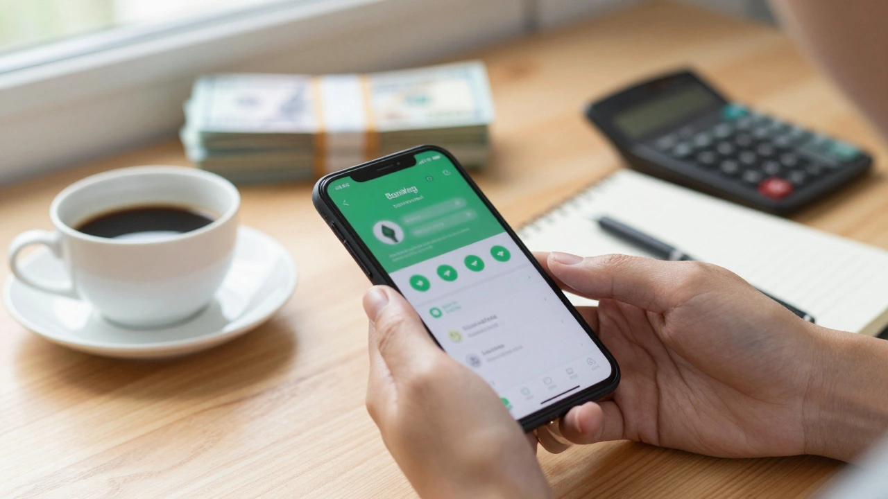 Person checking mobile banking app on a desk with coffee and cash