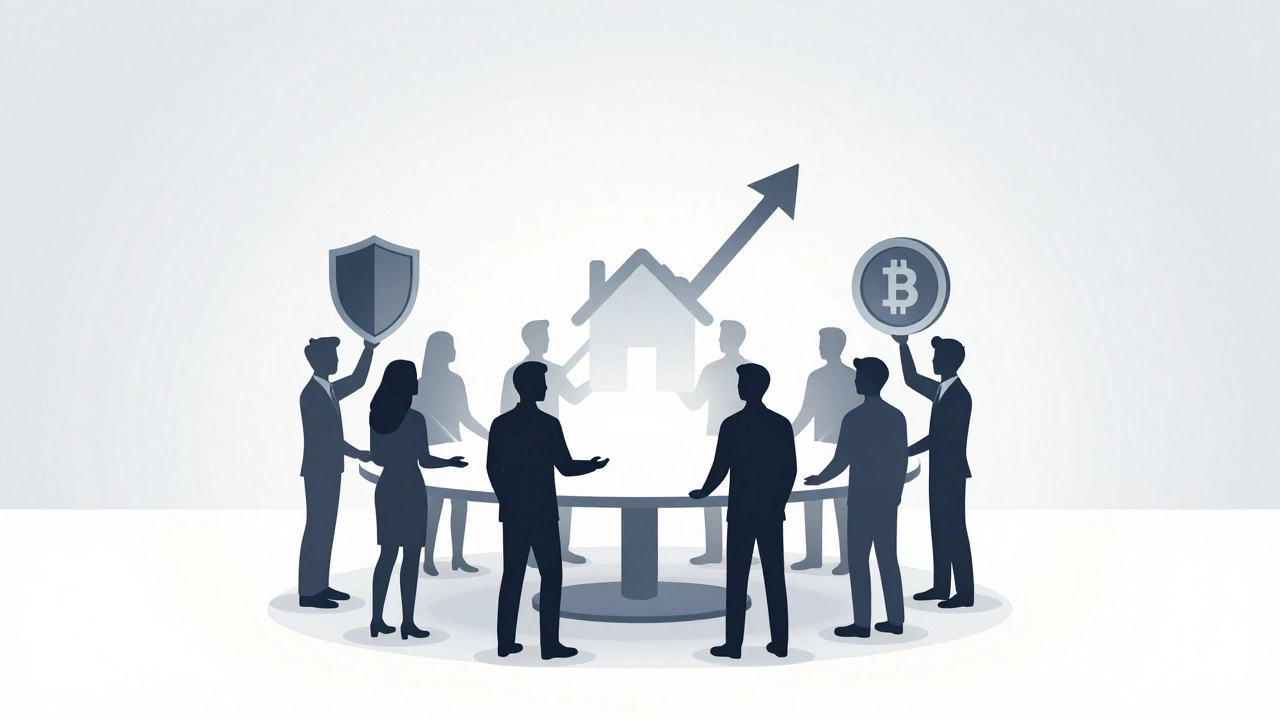 Abstract illustration of diversified investment assets like bonds, stocks, and crypto