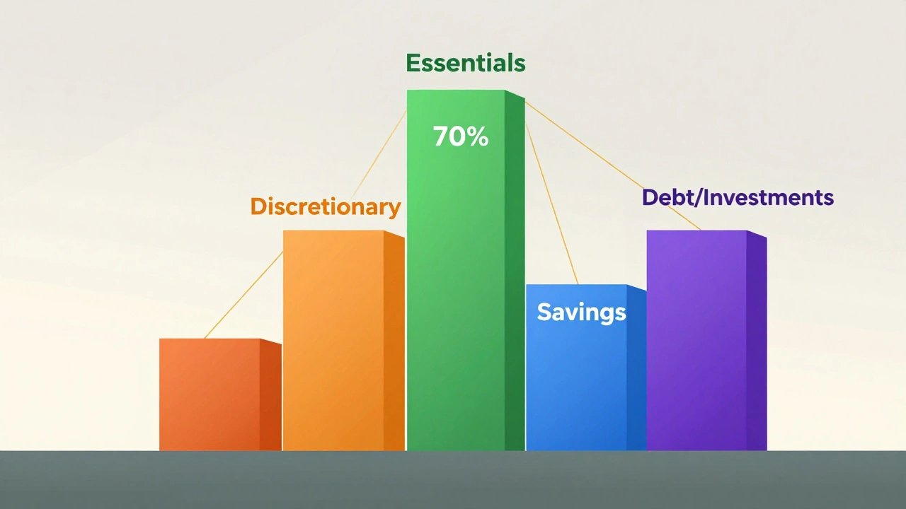 Abstract illustration of four connected pillars representing balanced financial categories.