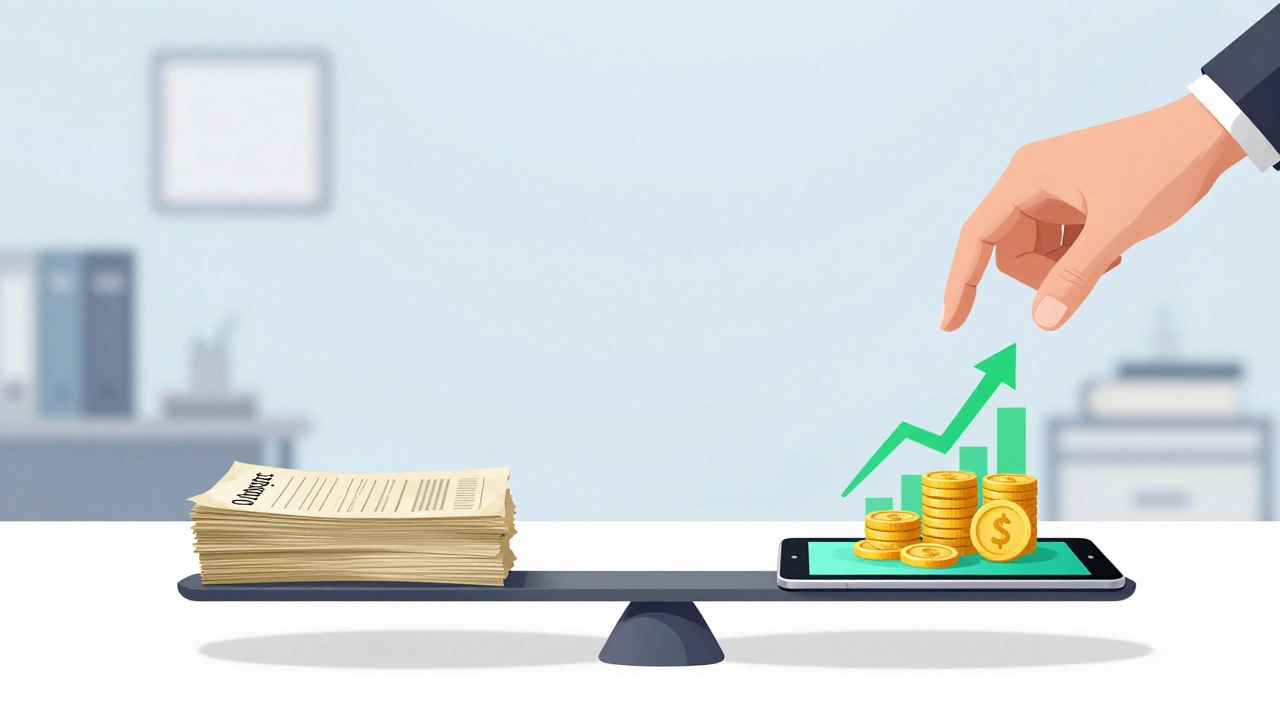 Balance scale comparing old mortgage documents with new digital savings