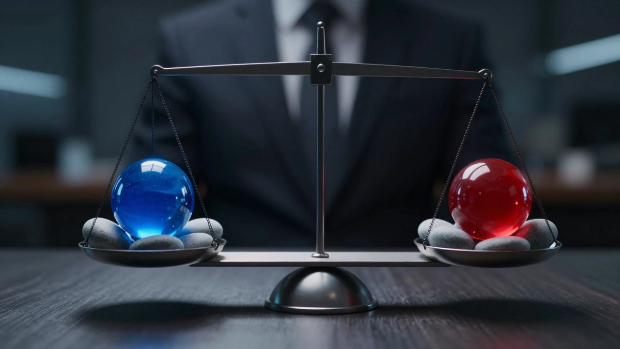 Balance scale with colorful stocks and grey bonds
