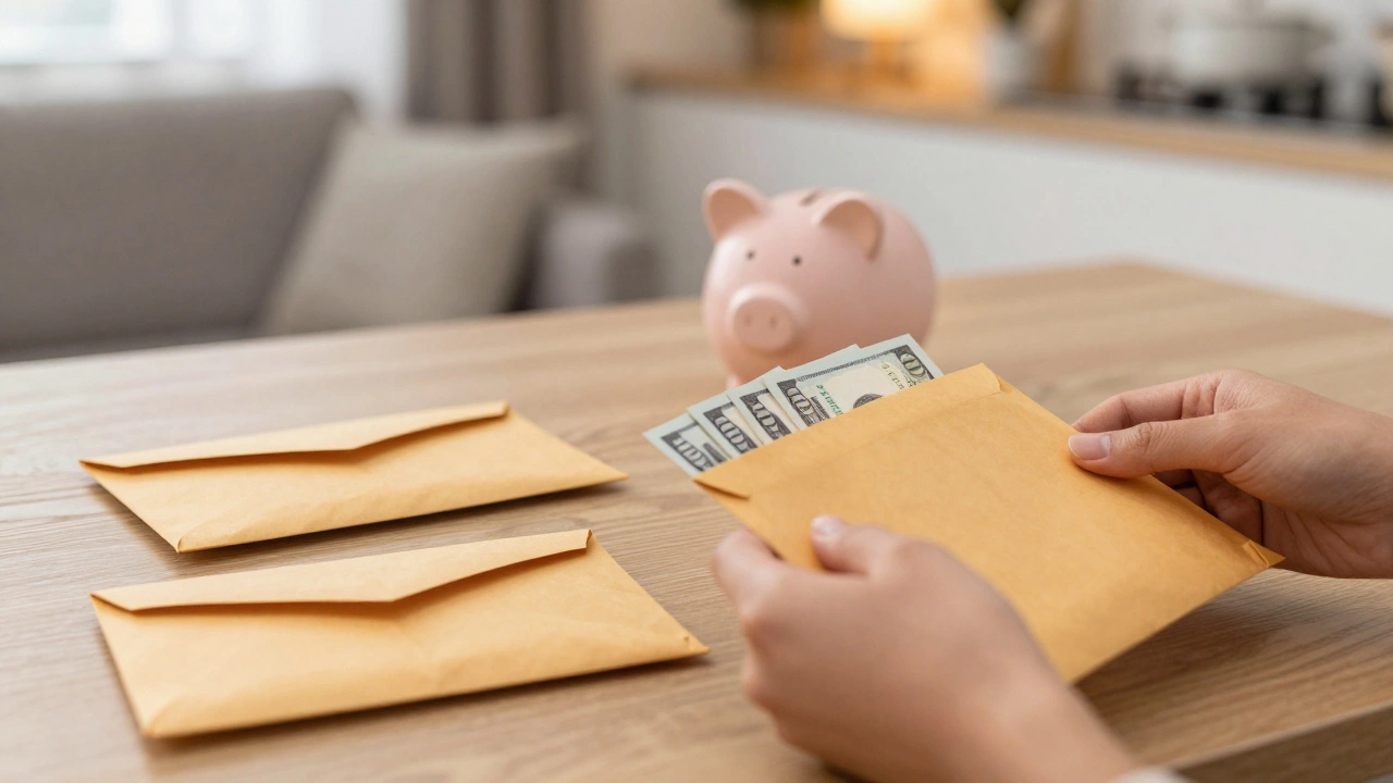 Close-up of hands sorting cash into envelopes for budgeting at a home table.