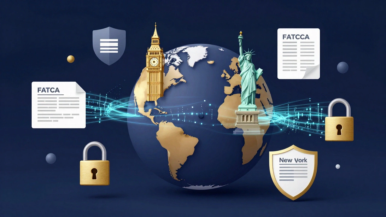 Conceptual art of FATCA barriers between UK and US finance