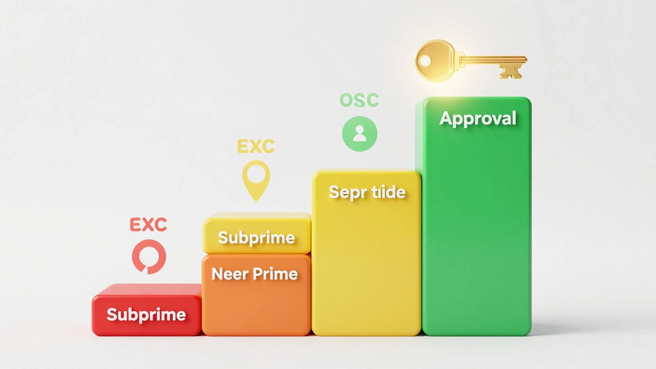 Conceptual illustration of credit score tiers as a colorful ladder to approval