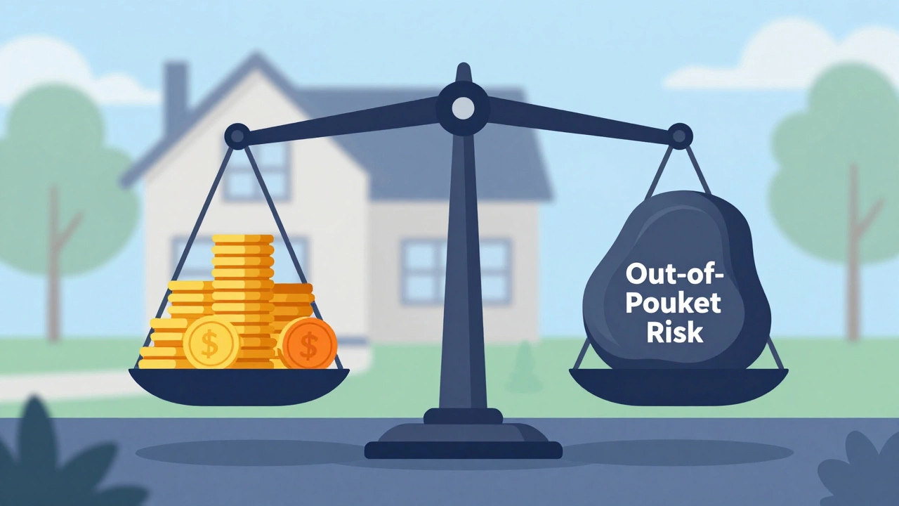 Conceptual scale balancing insurance premium savings against out-of-pocket risk.