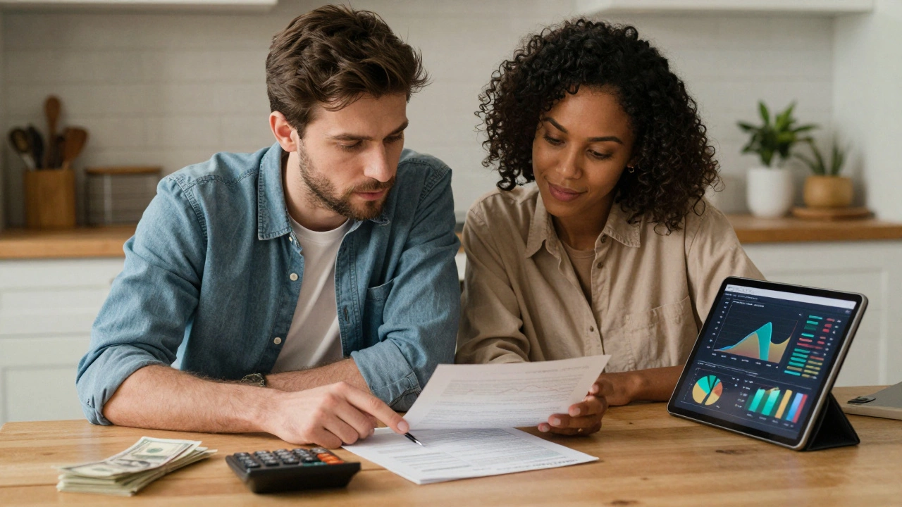 Couple reviewing financial documents and calculator at a kitchen table