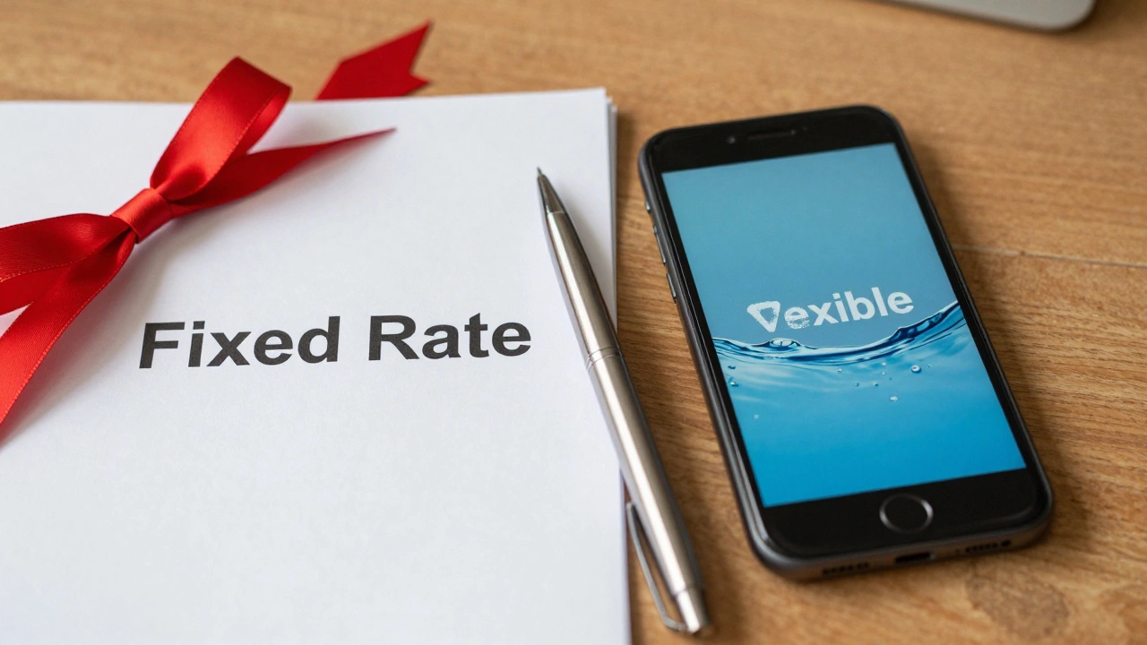 Desk scene showing fixed vs variable loan options with pen and phone