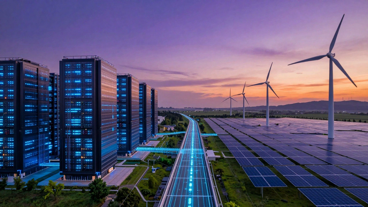 Futuristic landscape showing AI data centers and renewable energy farms connected