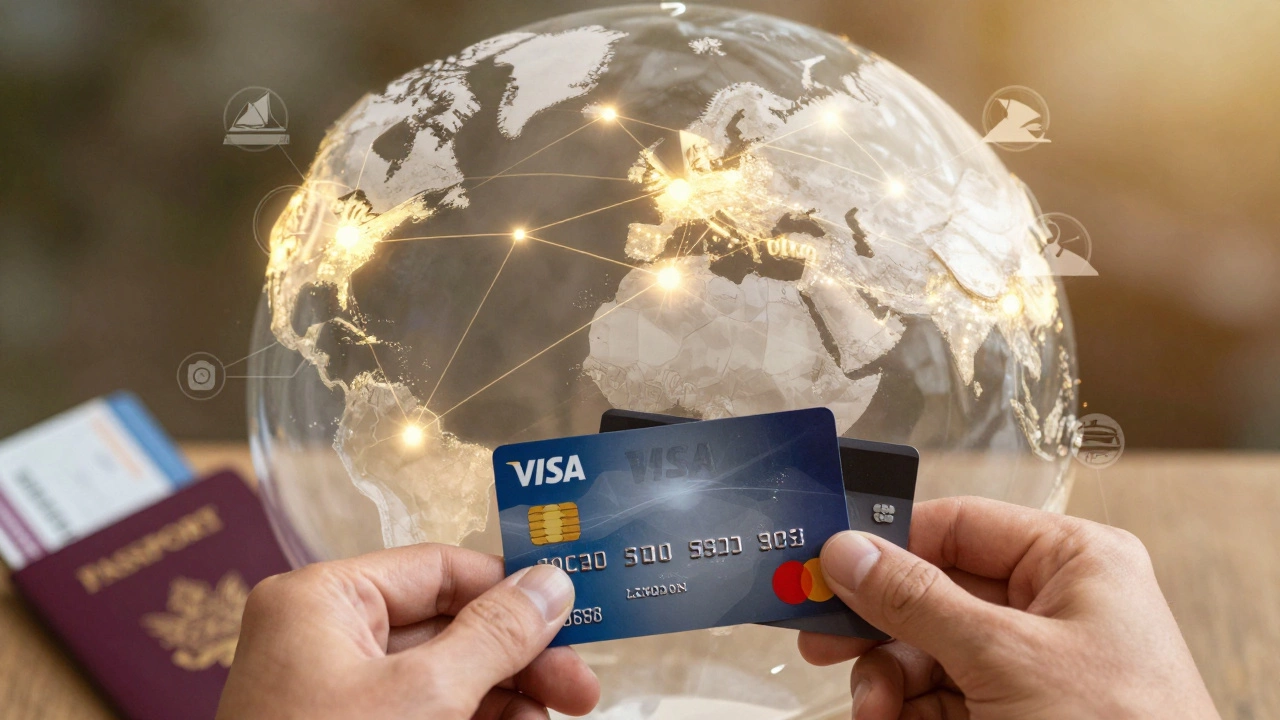 Globe with connected cities and traveler holding Visa and Mastercard