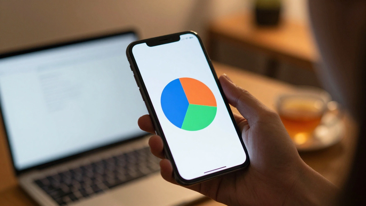 Hand holding phone with abstract budget pie chart in cozy room