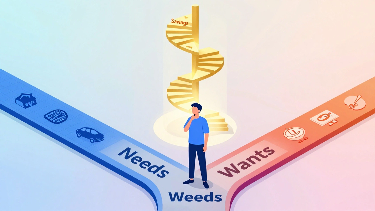 Illustration of a person choosing between paths for needs, wants, and savings