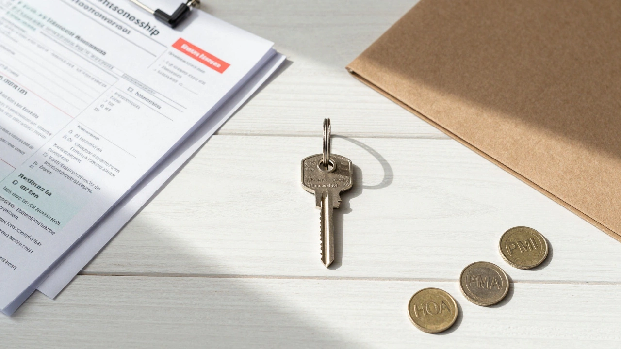 Keys surrounded by tax and insurance documents on a table