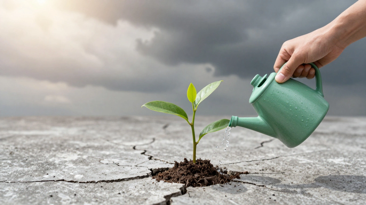 Sapling growing from concrete symbolizing credit rebuilding and hope