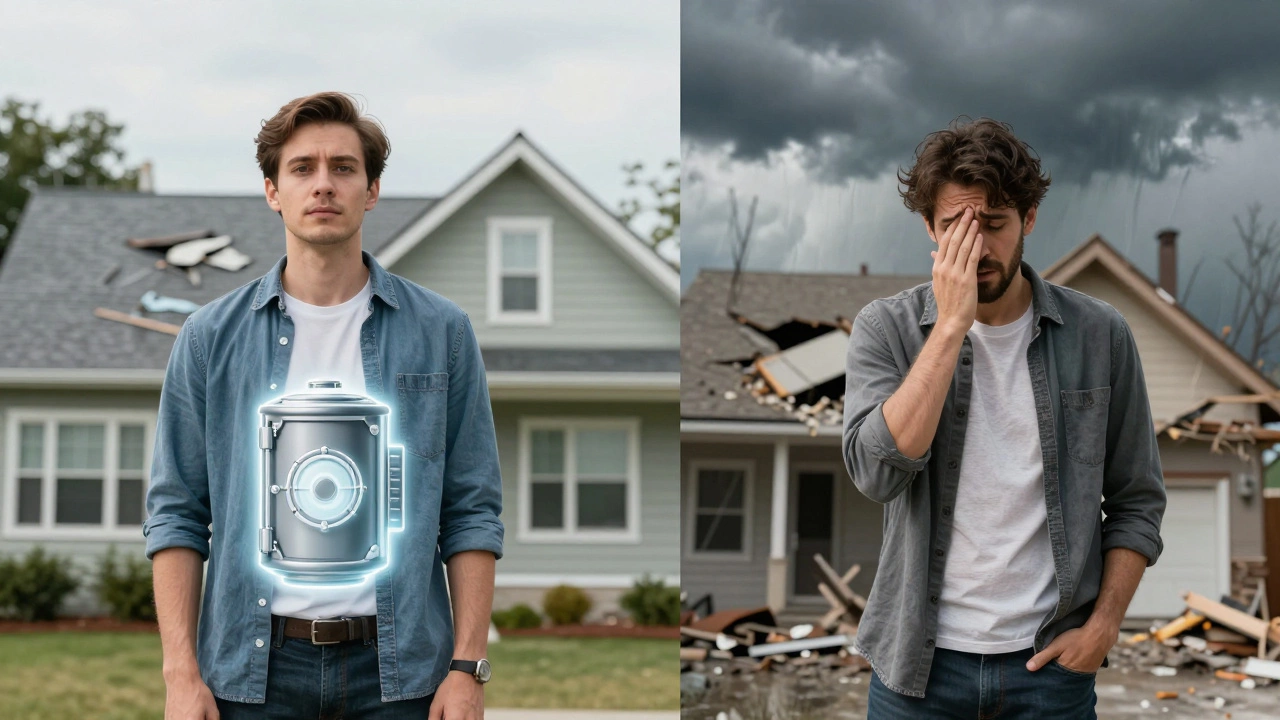 Split view comparing a prepared homeowner vs one overwhelmed by storm damage.
