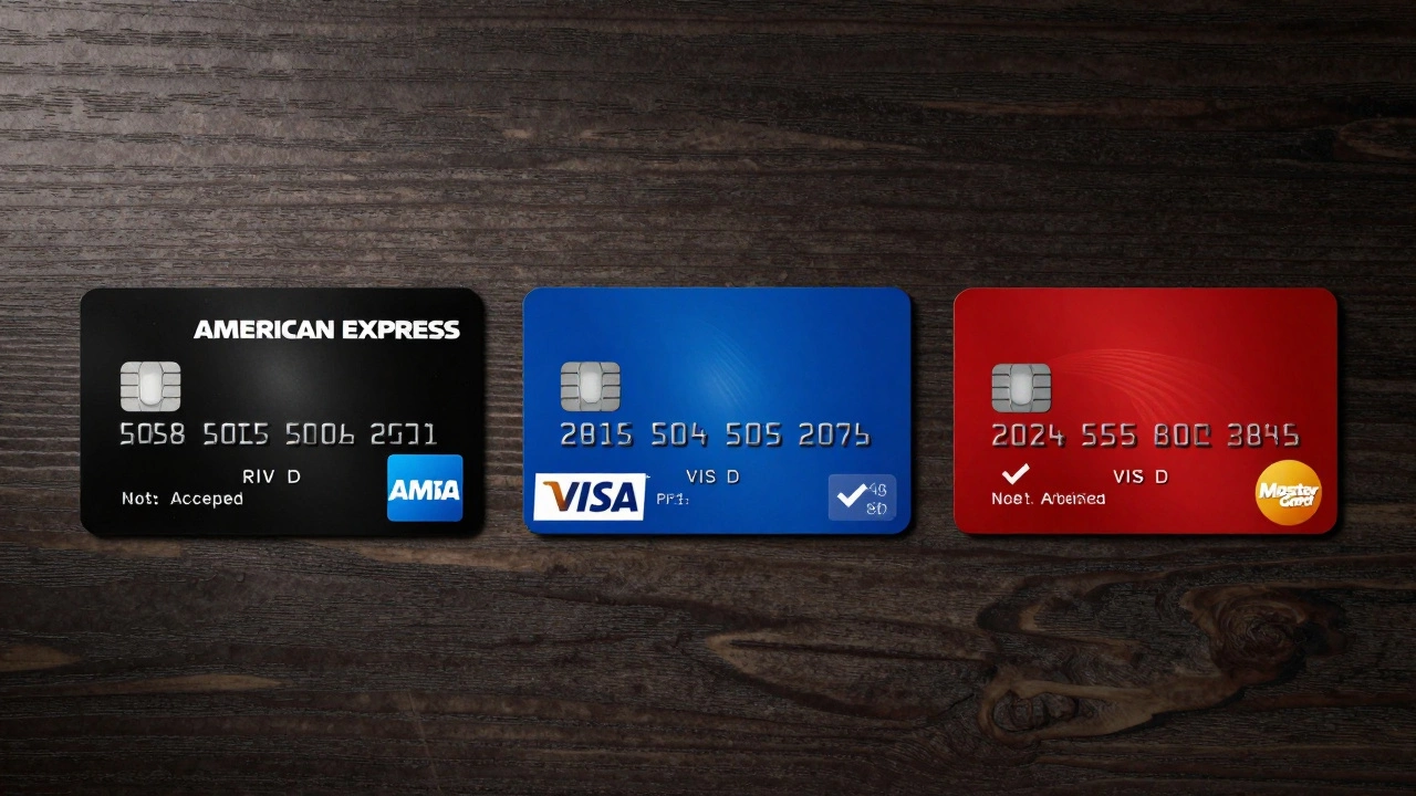 Three credit cards on wood: Amex, Visa, and Mastercard compared
