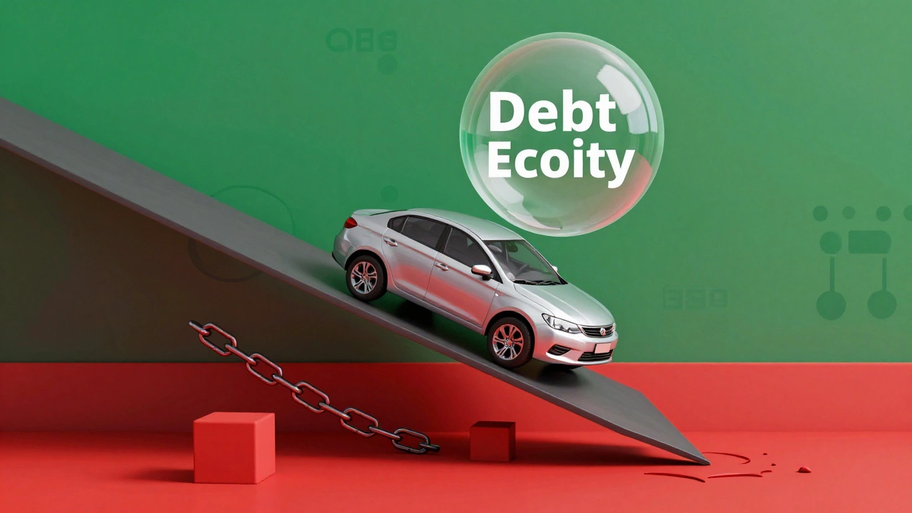 3D illustration of a car sinking below its loan value on a depreciation graph