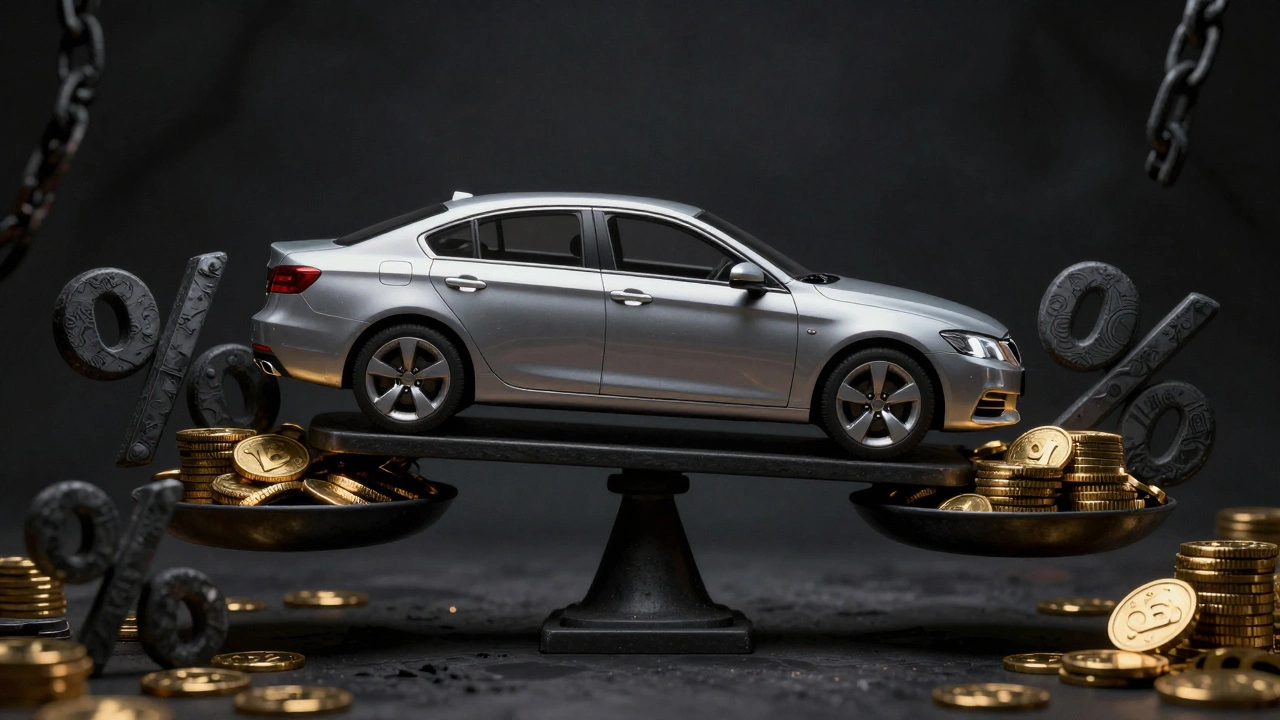 Car on a scale weighed down by coins representing high interest costs