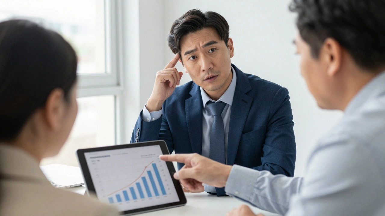 Financial advisor explaining equity release projections to a concerned senior client.