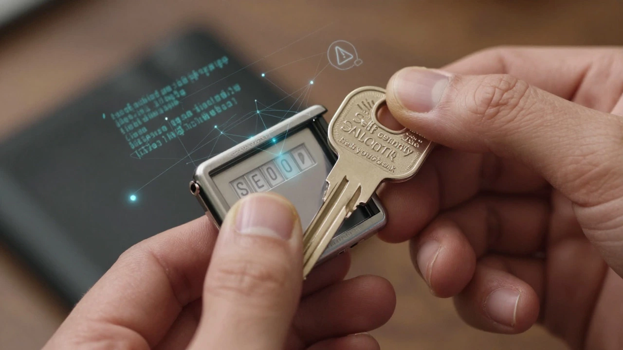 Hand holding a hardware crypto wallet with security symbols