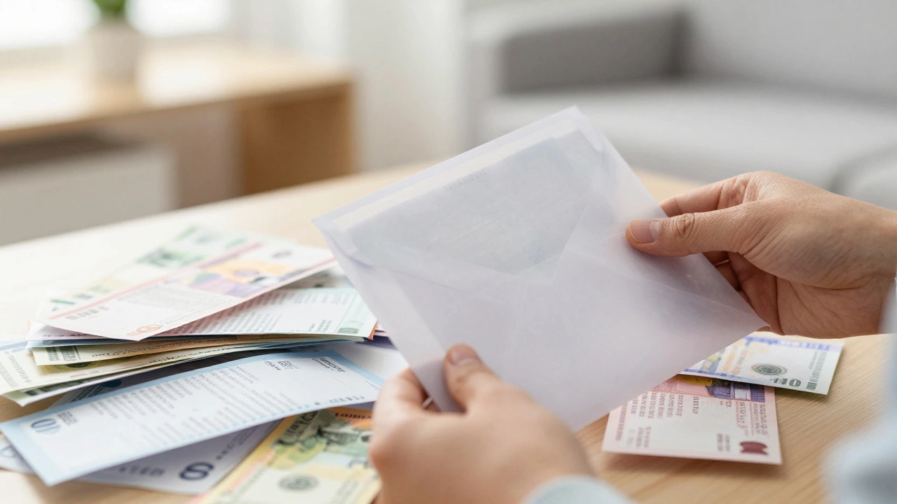 Hands consolidating messy bills into a single organized envelope