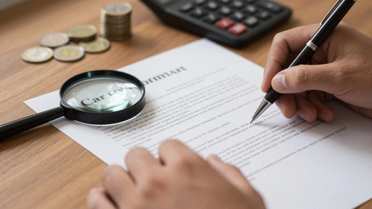 Hands examining fine print on a car loan contract with a magnifying glass