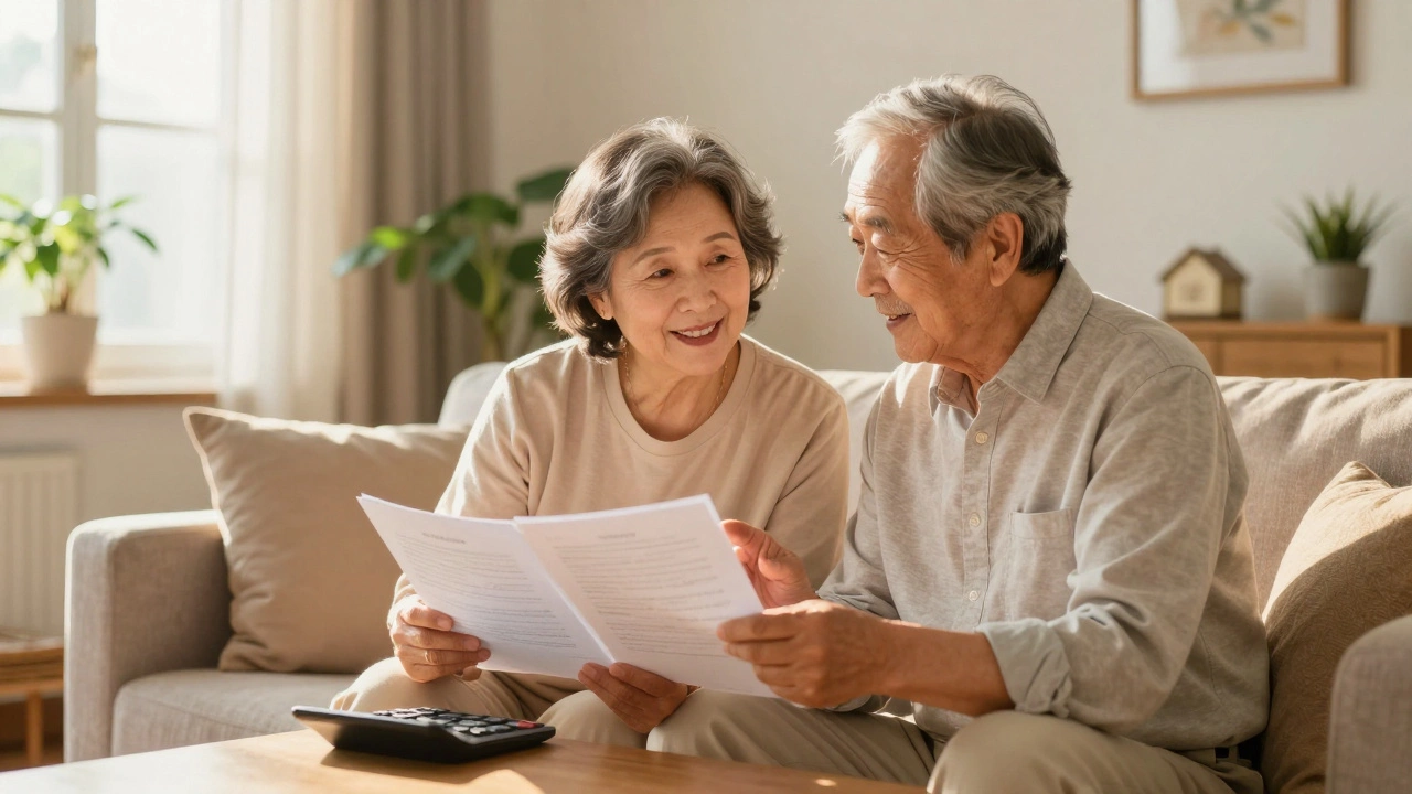 Happy retired couple reviewing finances in a sunny living room
