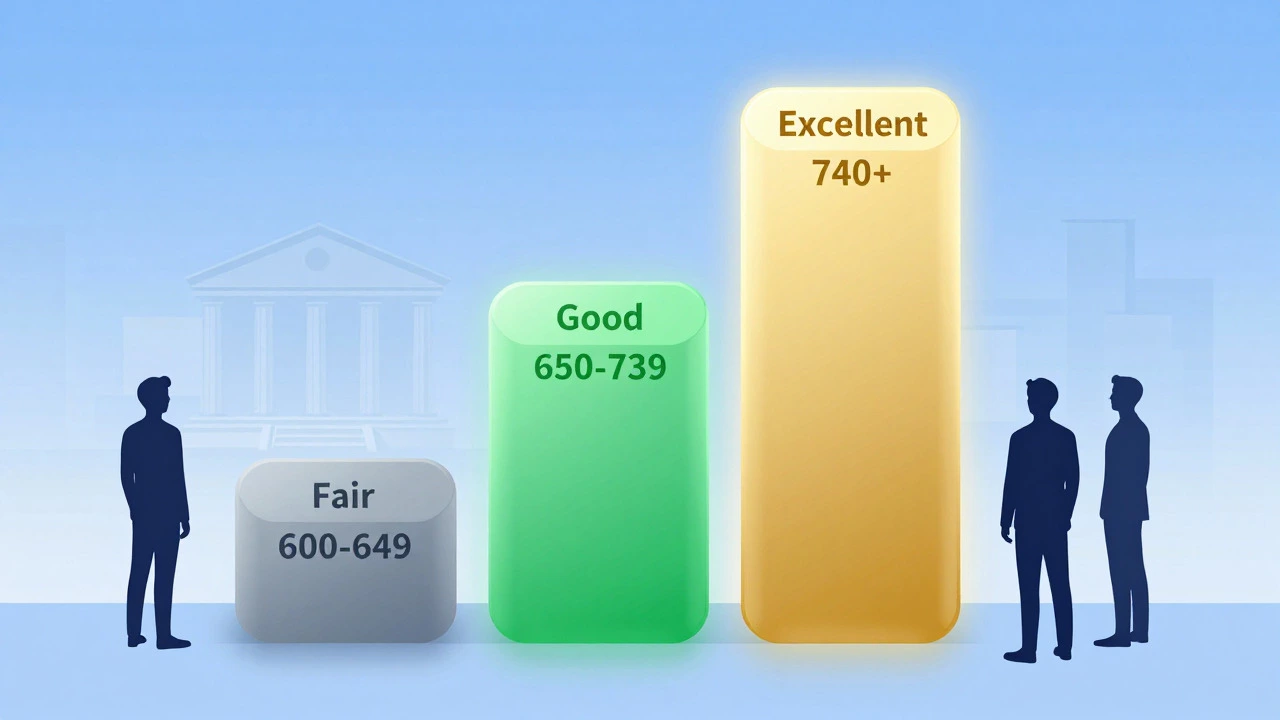 Illustration of three credit score tiers: Fair, Good, and Excellent