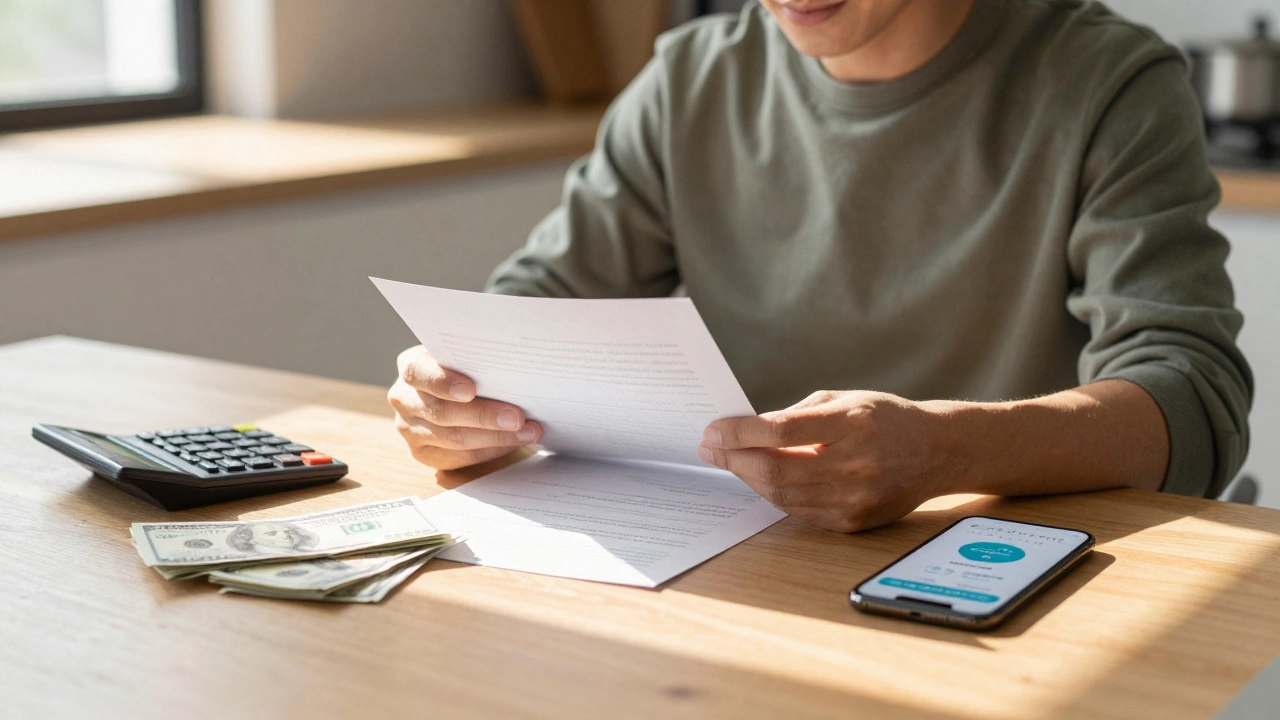 Person calmly reviewing finances and cash deposits at a sunlit kitchen table
