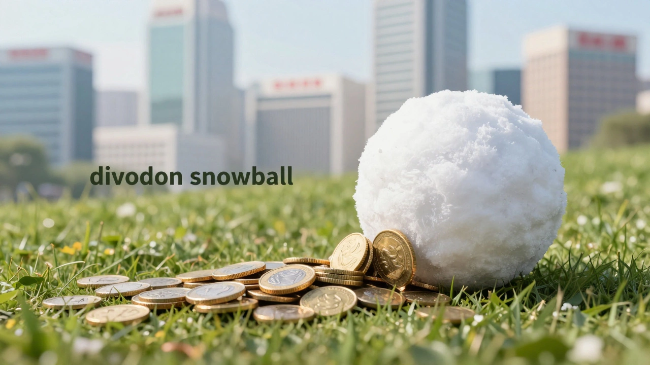 Snowball rolling downhill collecting gold coins symbolizing dividends