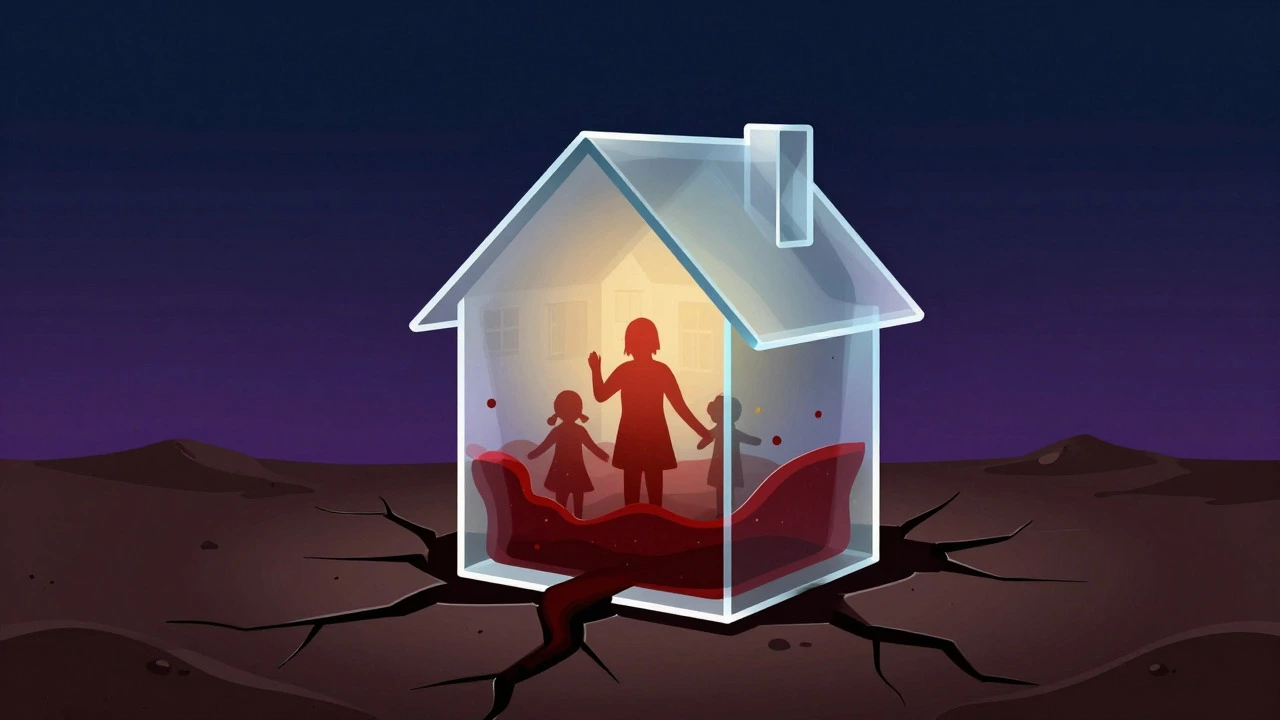 Abstract illustration of a glass house being filled with dark liquid representing debt
