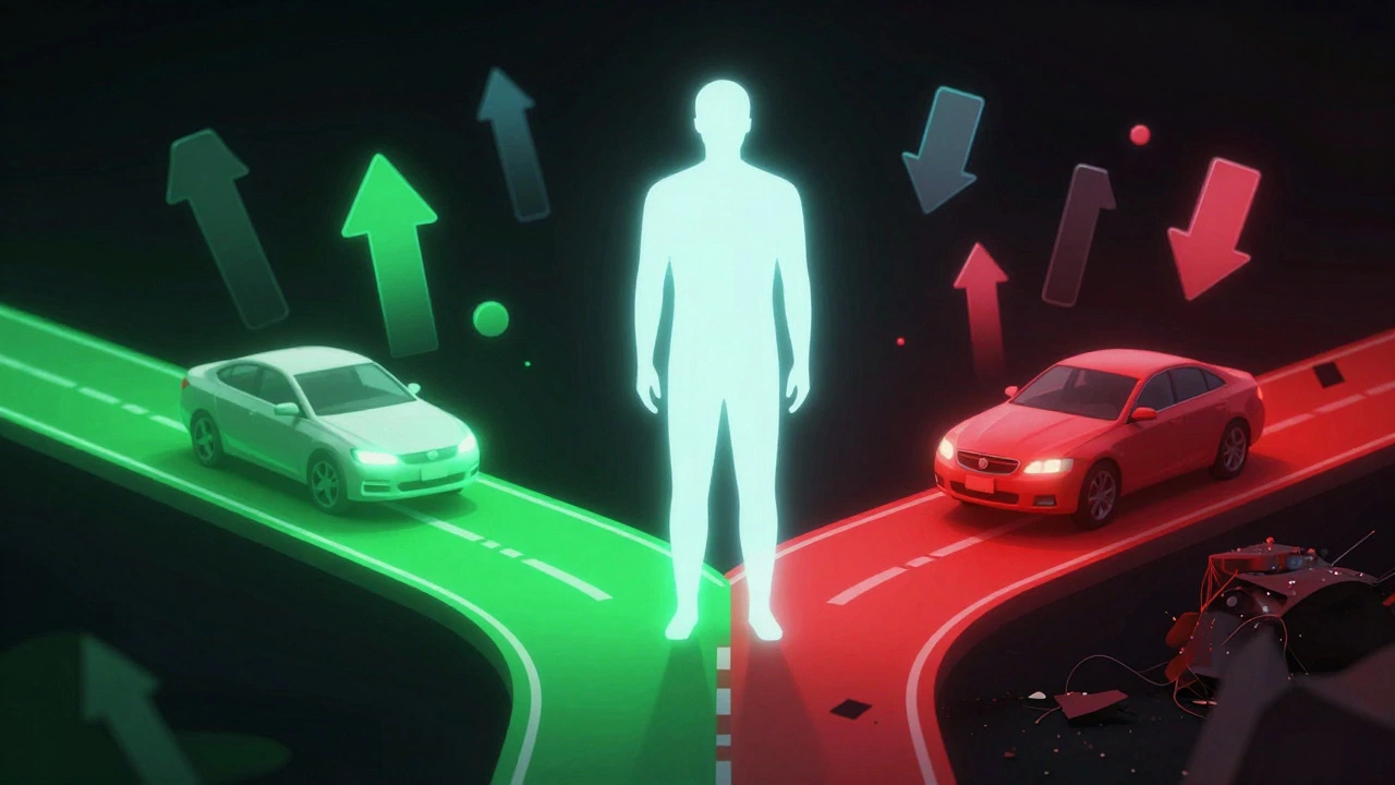 Abstract illustration showing two paths for credit scores affecting car loans