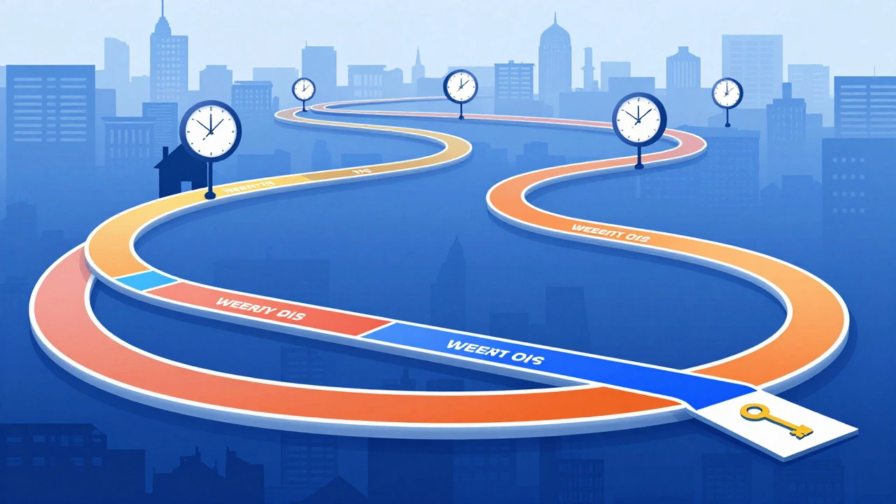 Conceptual illustration of a timeline path through a city