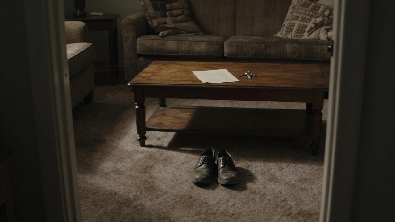 Empty living room with old shoes and keys on a table, symbolizing inheritance