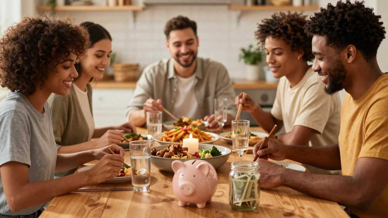 Friends sharing a home-cooked meal to save money