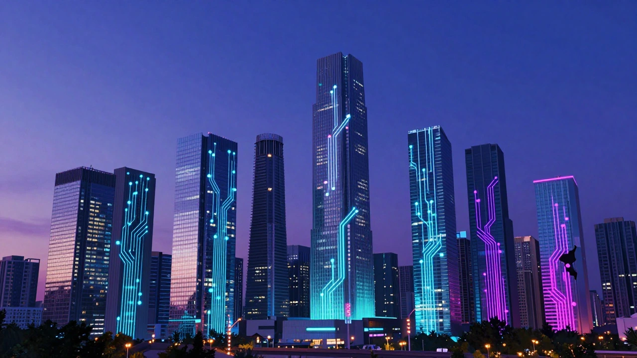 Futuristic city skyline with glowing circuit patterns and data flows