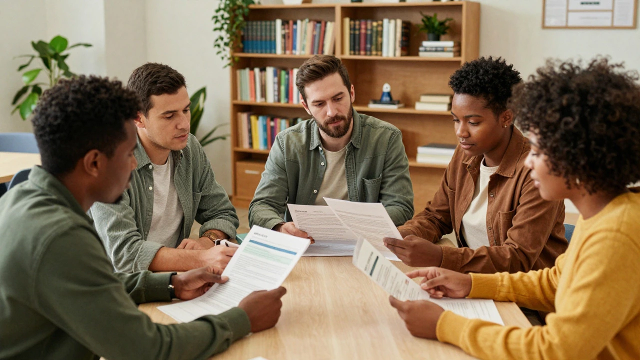 Group of people comparing financial documents in a community setting