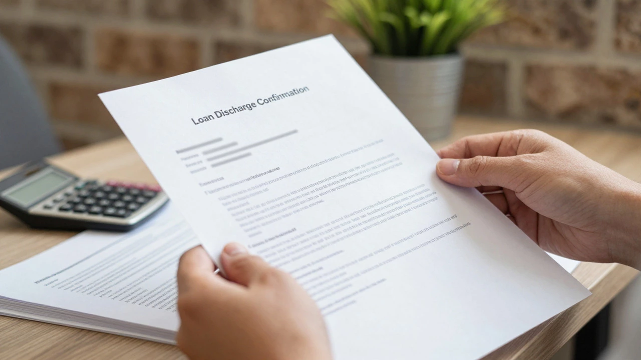Hands holding a loan discharge confirmation document