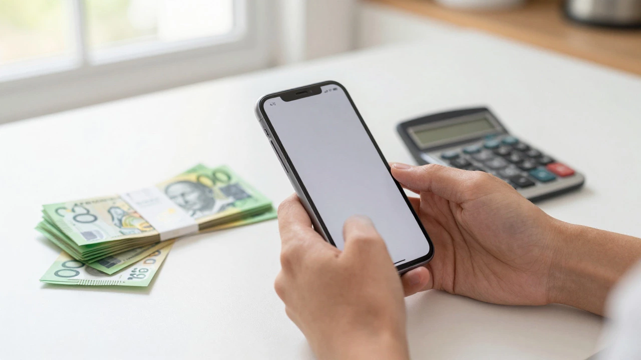 Hands holding a phone near banknotes and a calculator