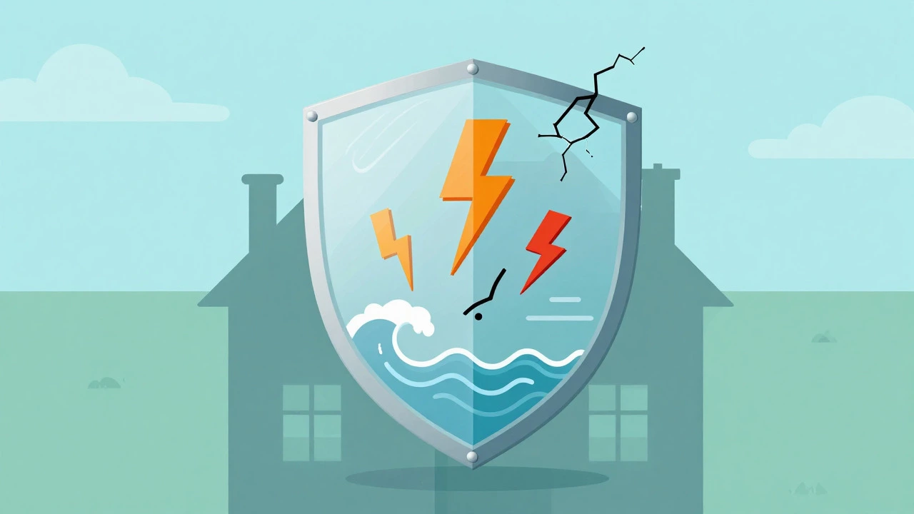 Illustration of a protective shield over a house with gaps showing excluded risks like leaks