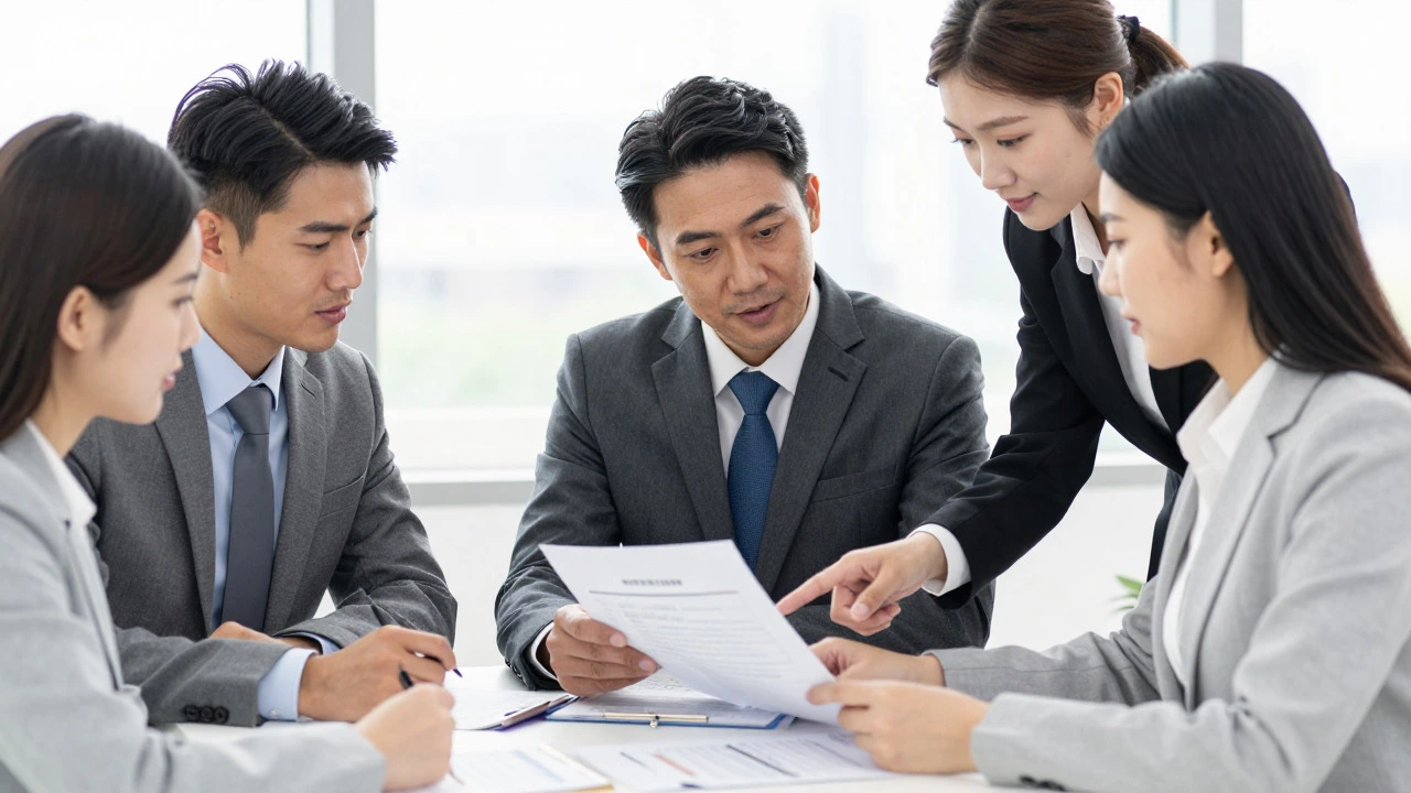 Professionals collaborating around a table with documents