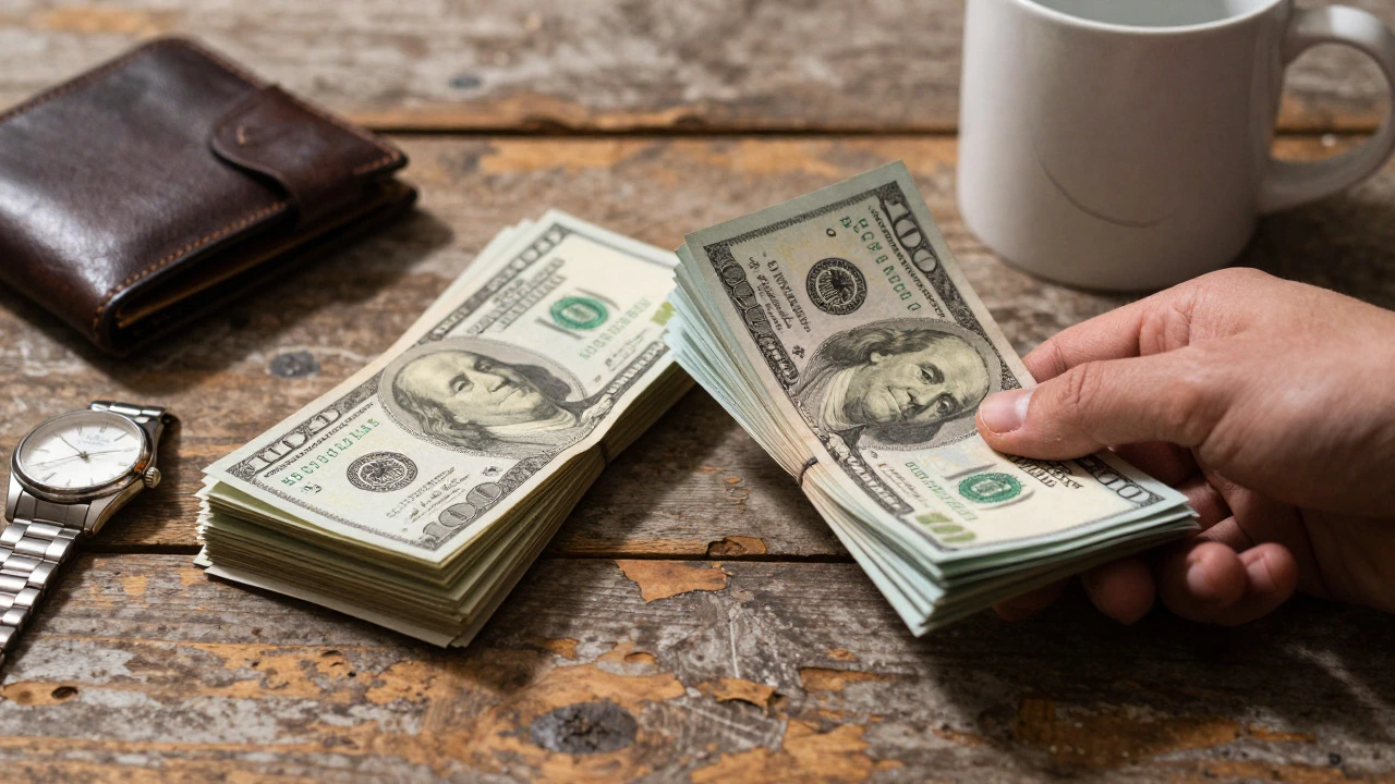 Stack of cash divided on a table with worn items, symbolizing insurance excess and depreciation