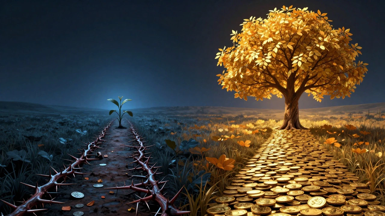 Surreal illustration of two paths representing financial growth