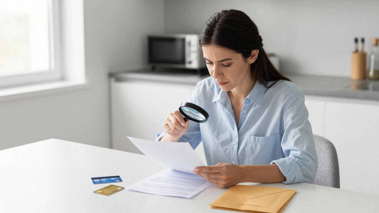 Woman reviewing bank documents and cards at a kitchen table