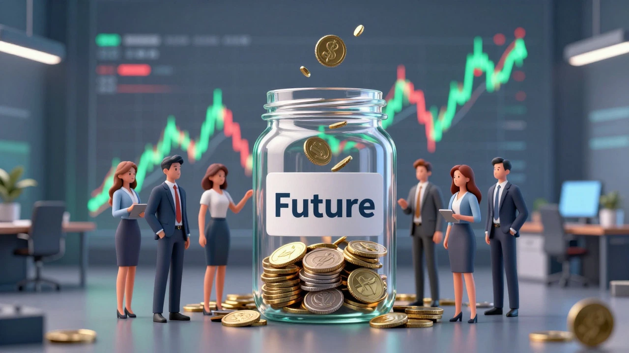 Young professionals contributing to a savings jar with a volatile stock chart background
